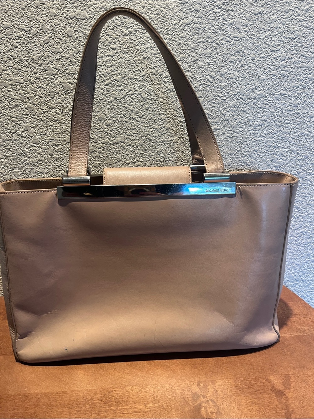 MICHAEL Michael Kors Women's Nude Beige Leather Tote Bag with Silver Accent